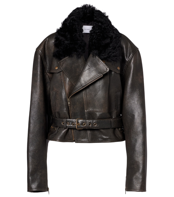 Alex Perry Shearling-trimmed cropped leather biker jacket