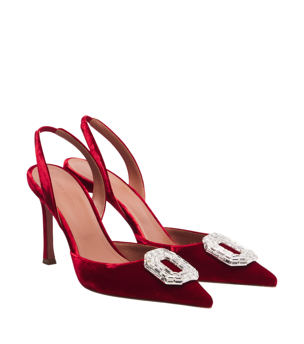 Amina Muaddi Décolleté slingback in velluto decorate con camelia