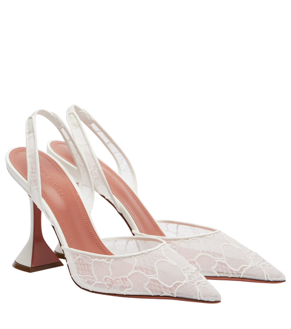 Amina Muaddi Holli sapatos de salto slingback com detalhes em couro e renda