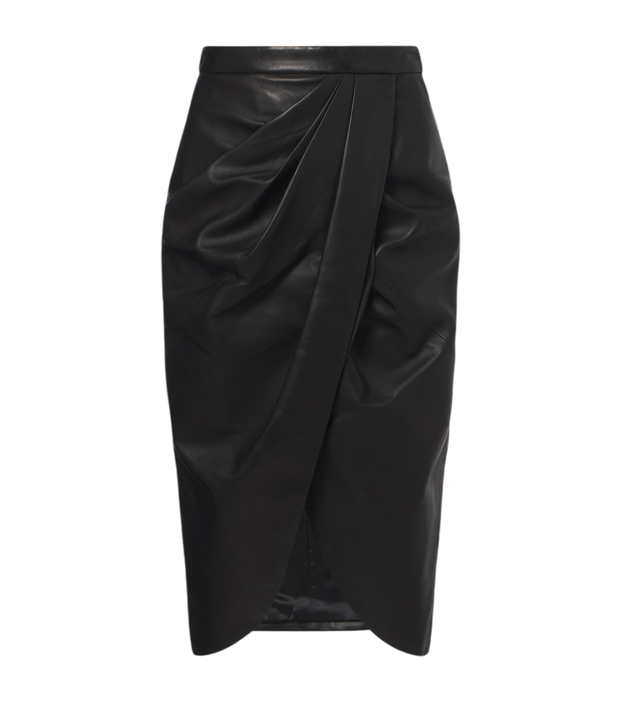 Balmain Draped leather midi skirt