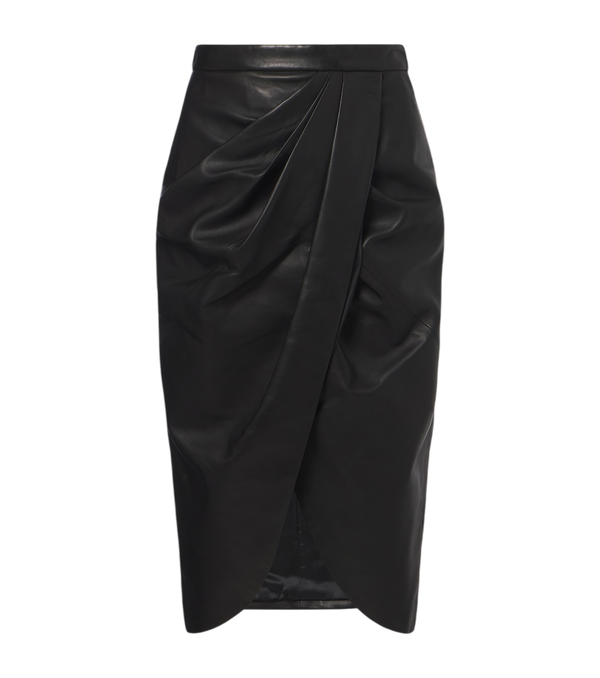 Balmain Draped leather midi skirt