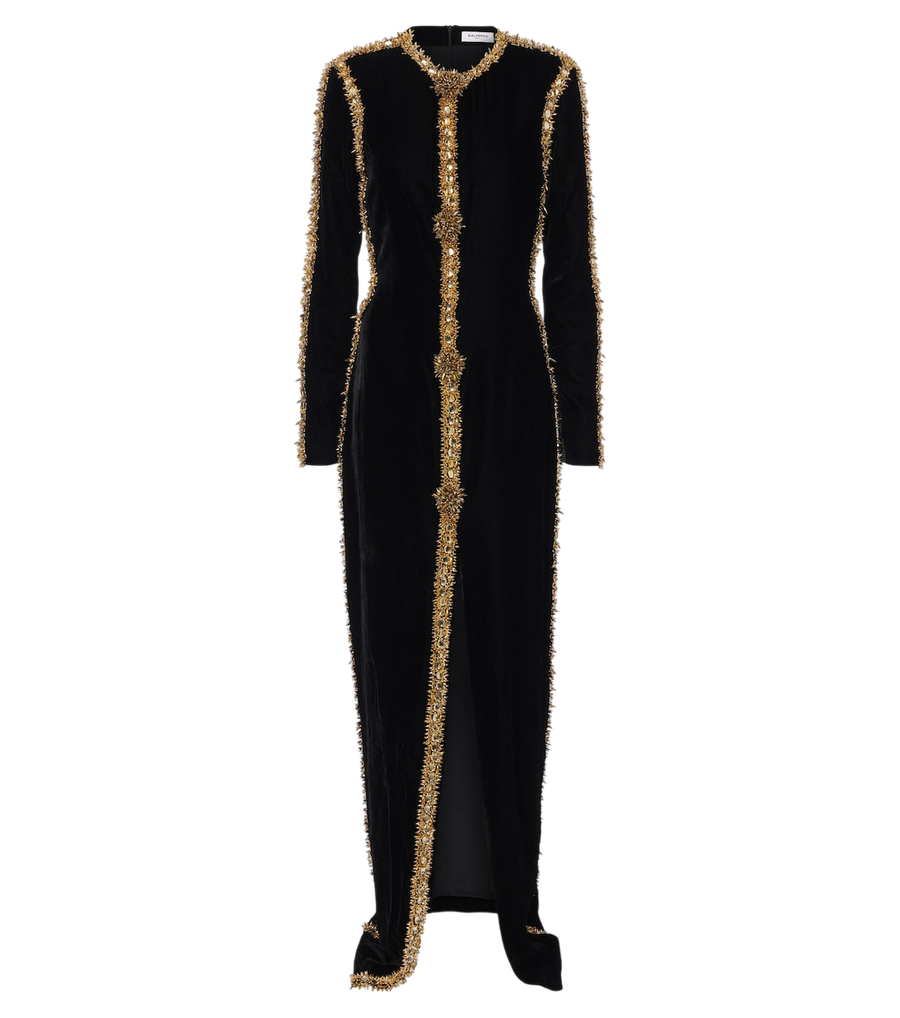 Balmain Vestido comprido em veludo com aplicações