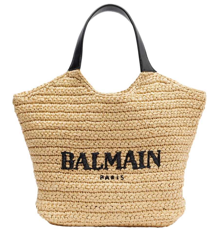 Balmain Logo raffia-effect top-handle bag