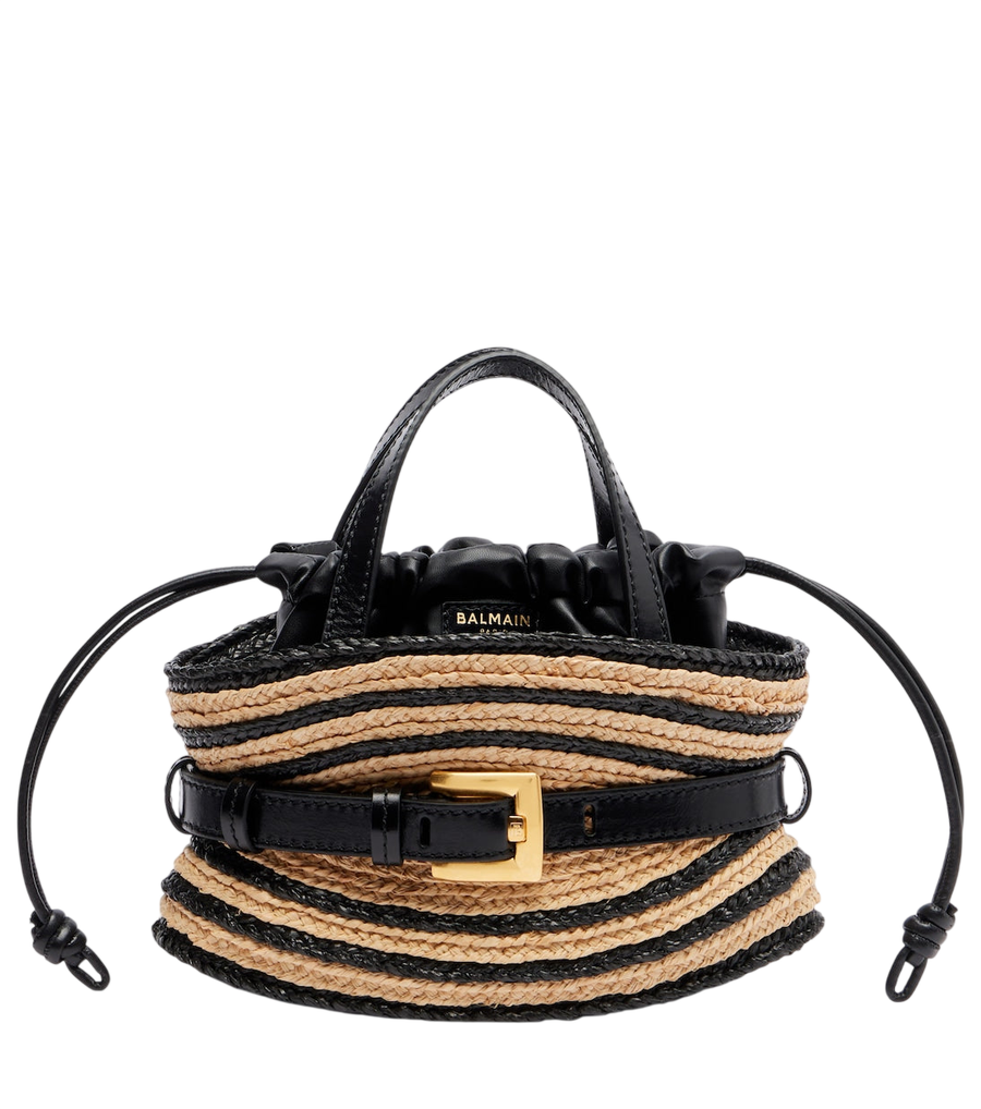 Balmain Raffia-effect striped top-handle bag