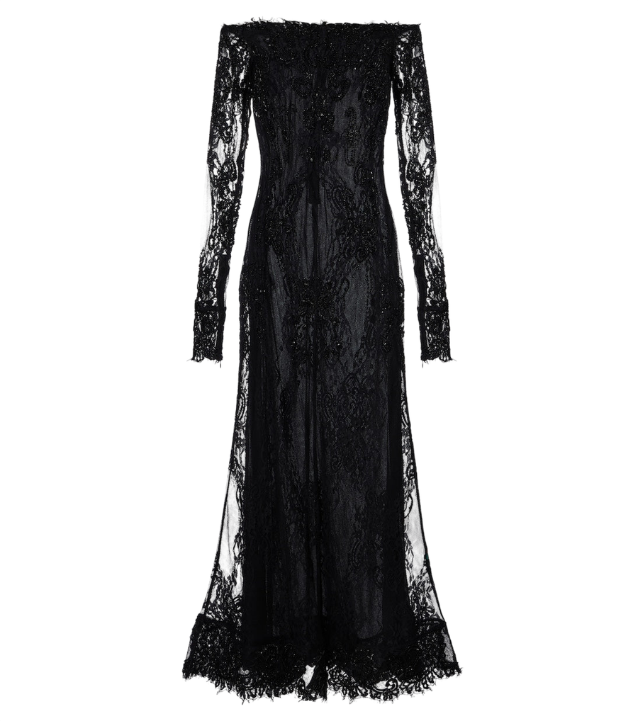 Blumarine Abito lungo in pizzo impreziosito con spalle scoperte
