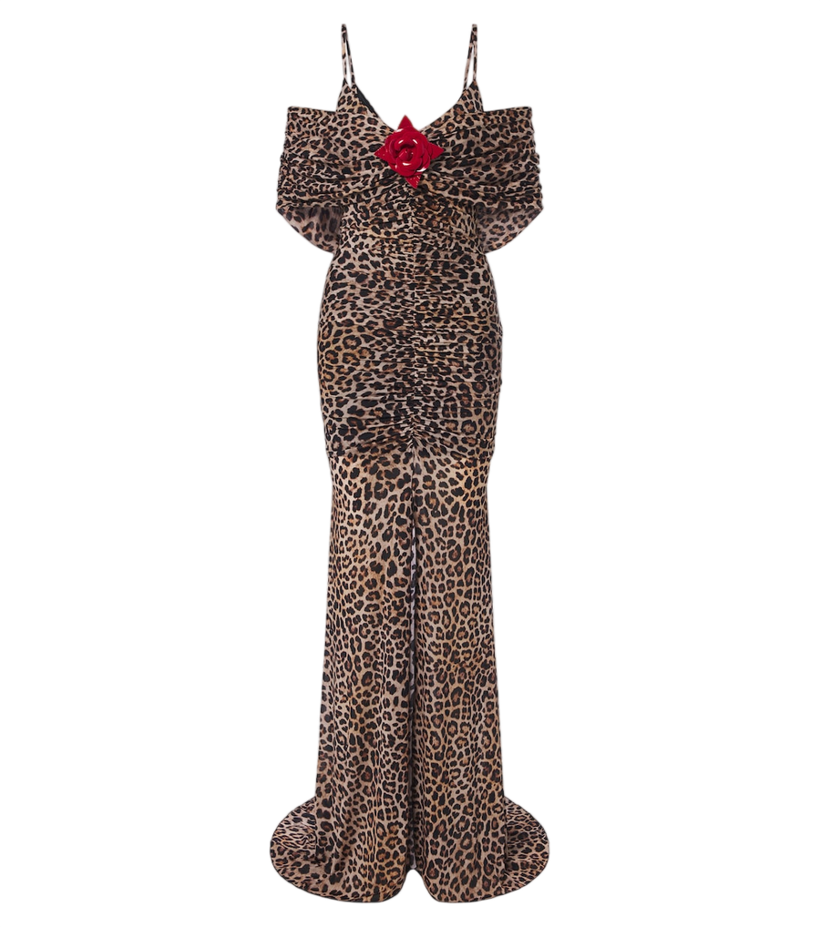 Blumarine Floral-appliqué leopard-print jersey maxi dress