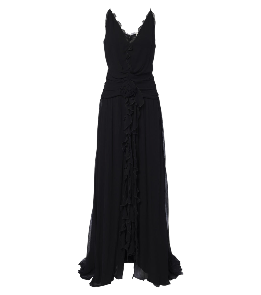 Blumarine Abito da sera in georgette con volant e applicazione floreale