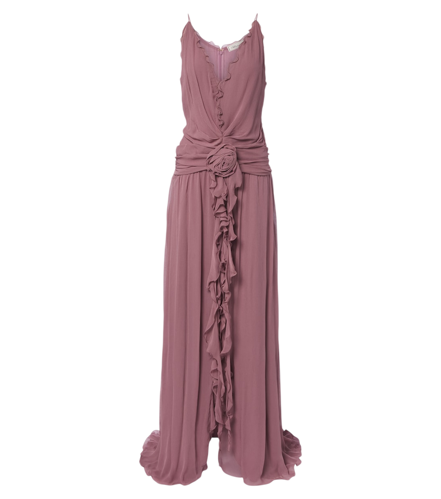 Vestido de georgette con volantes y apliques florales de Blumarine