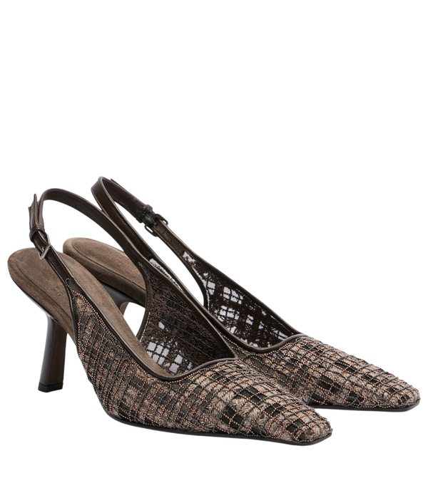 Zapatos destalonados de piel con estampado de cuadros y adornos de pedrería Brunello Cucinelli