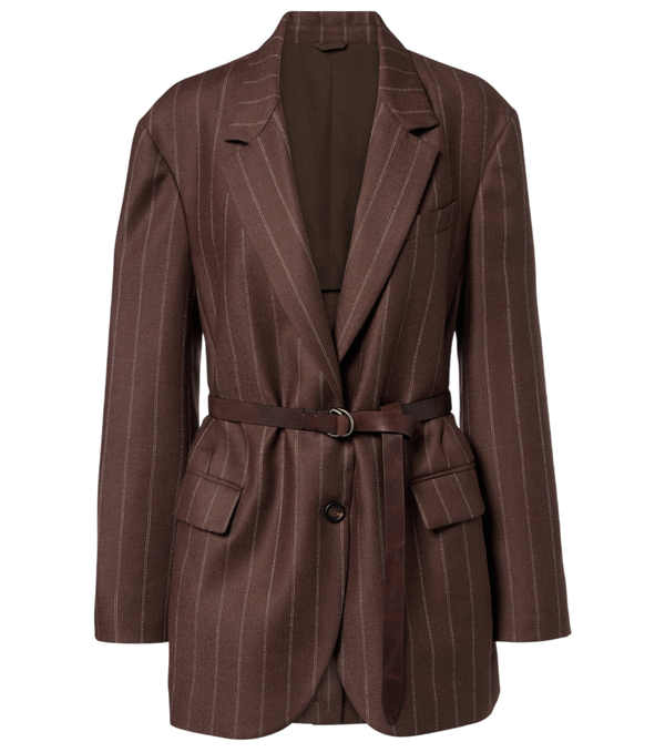 Brunello Cucinelli Belted pinstriped virgin wool blazer