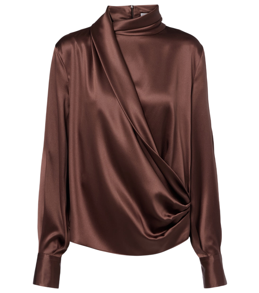Blusa de satén de mezcla de seda con drapeado de Brunello Cucinelli