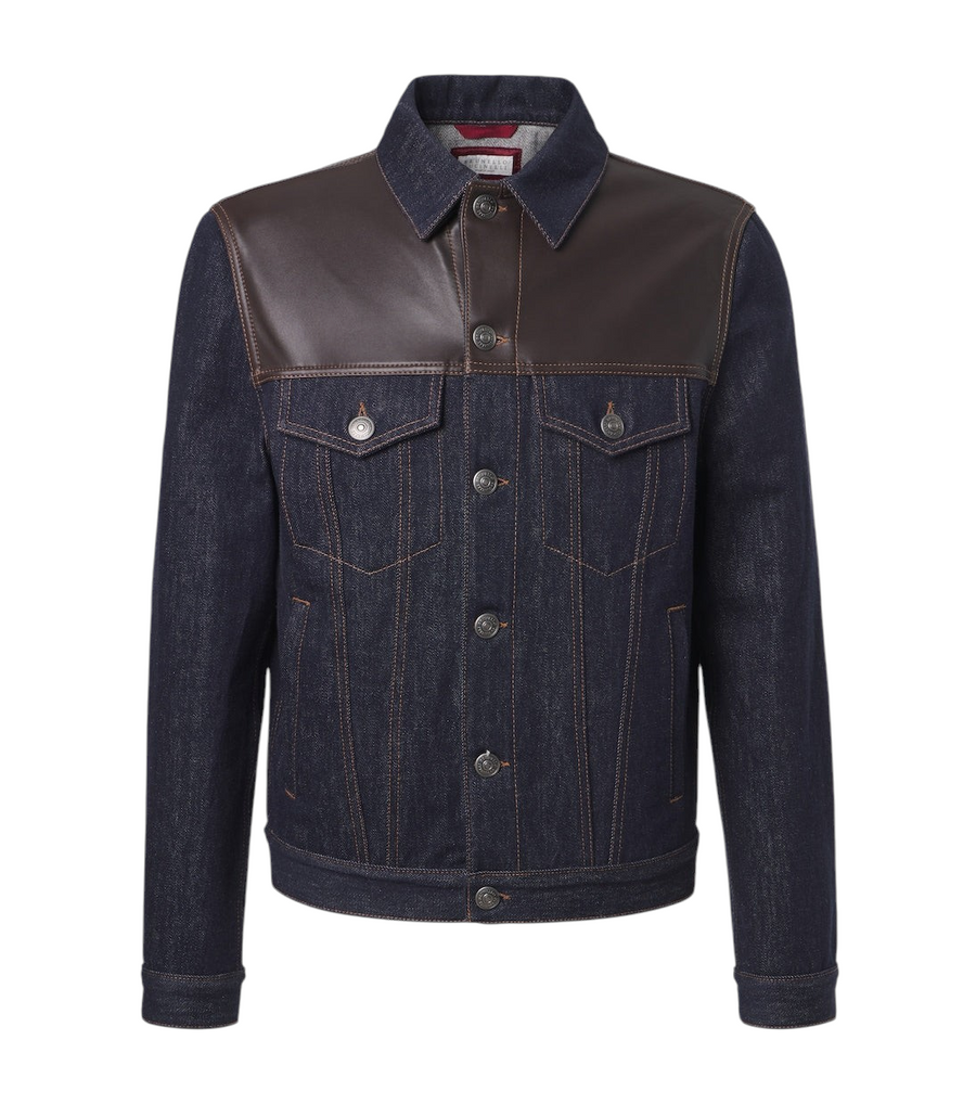 Brunello Cucinelli Leather-trimmed denim jacket