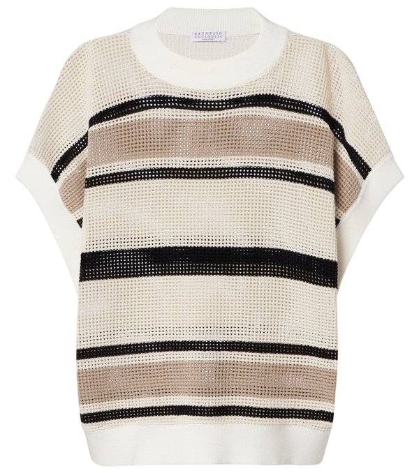 Brunello Cucinelli Open-knit striped cotton top