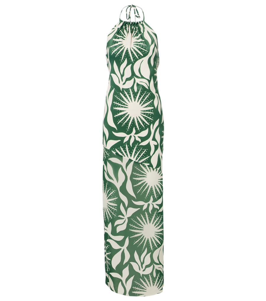 Cala de la Cruz Vestido comprido Acasia estampado com missangas e decote halter
