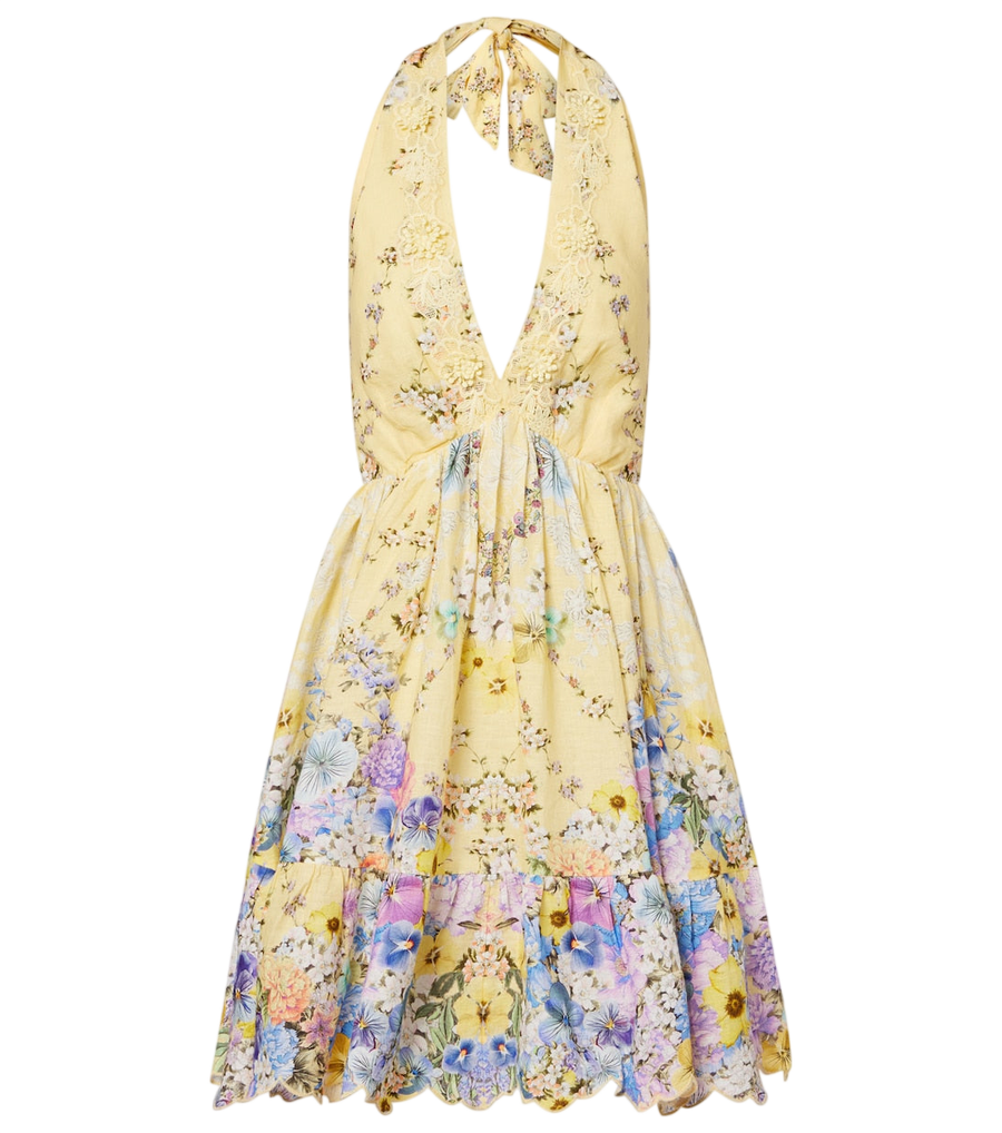 Camilla Embellished floral halterneck linen minidress
