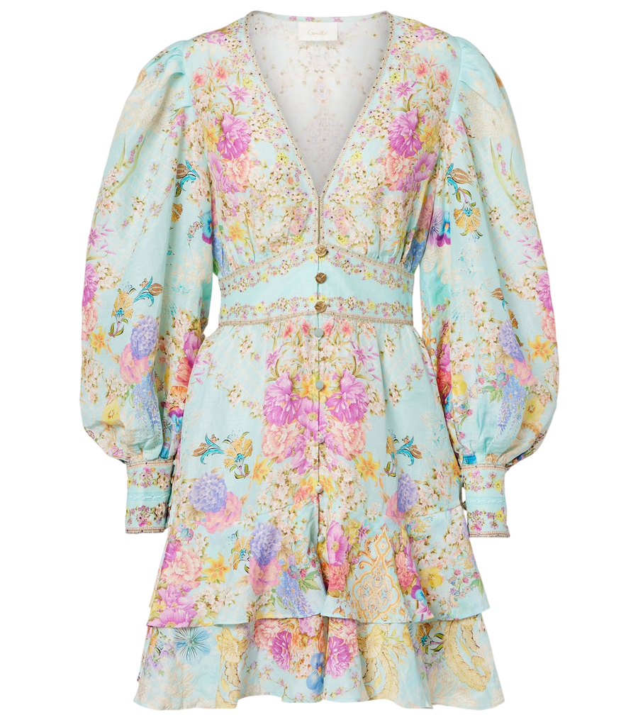 Camilla Embellished floral linen and silk minidress