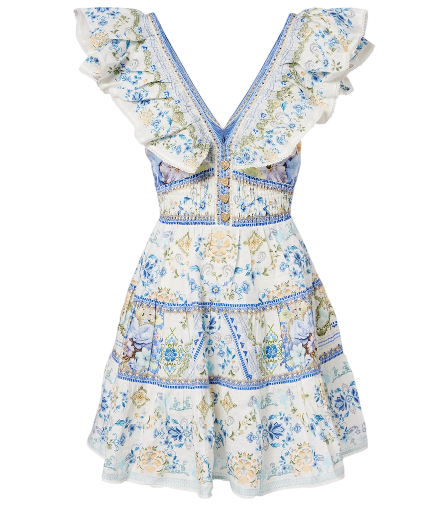 Mini-robe Camilla en lin à fleurs et ornements