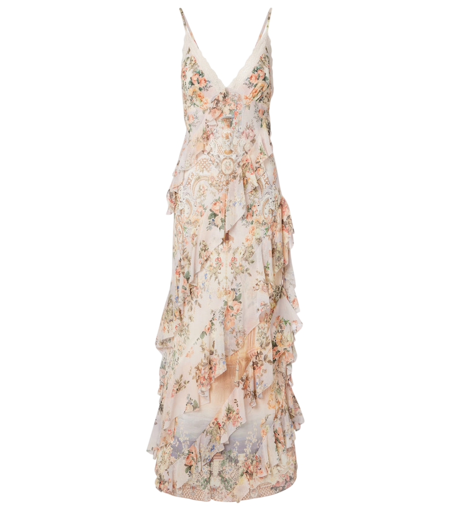 Camilla Embellished floral ruffled silk maxi dress