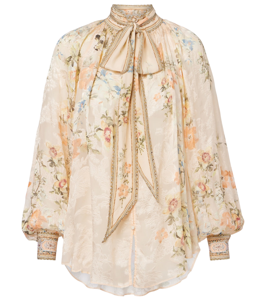 Blouse en mélange de soie à nœud au col et détails floraux ornés Camilla