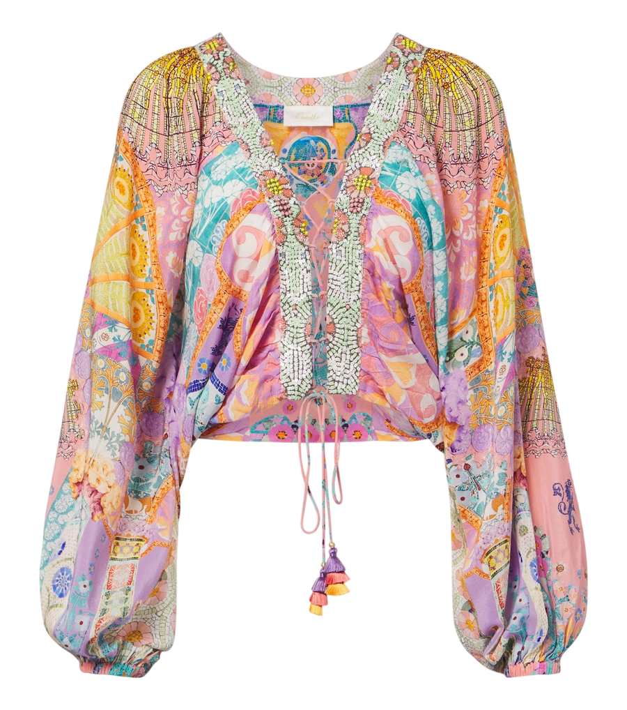 Camilla Embellished lace-up silk blouse