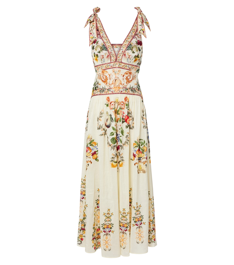 Camilla Embellished printed linen and silk maxi dress