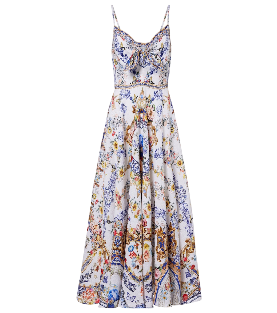Camilla Embellished printed linen midi dress