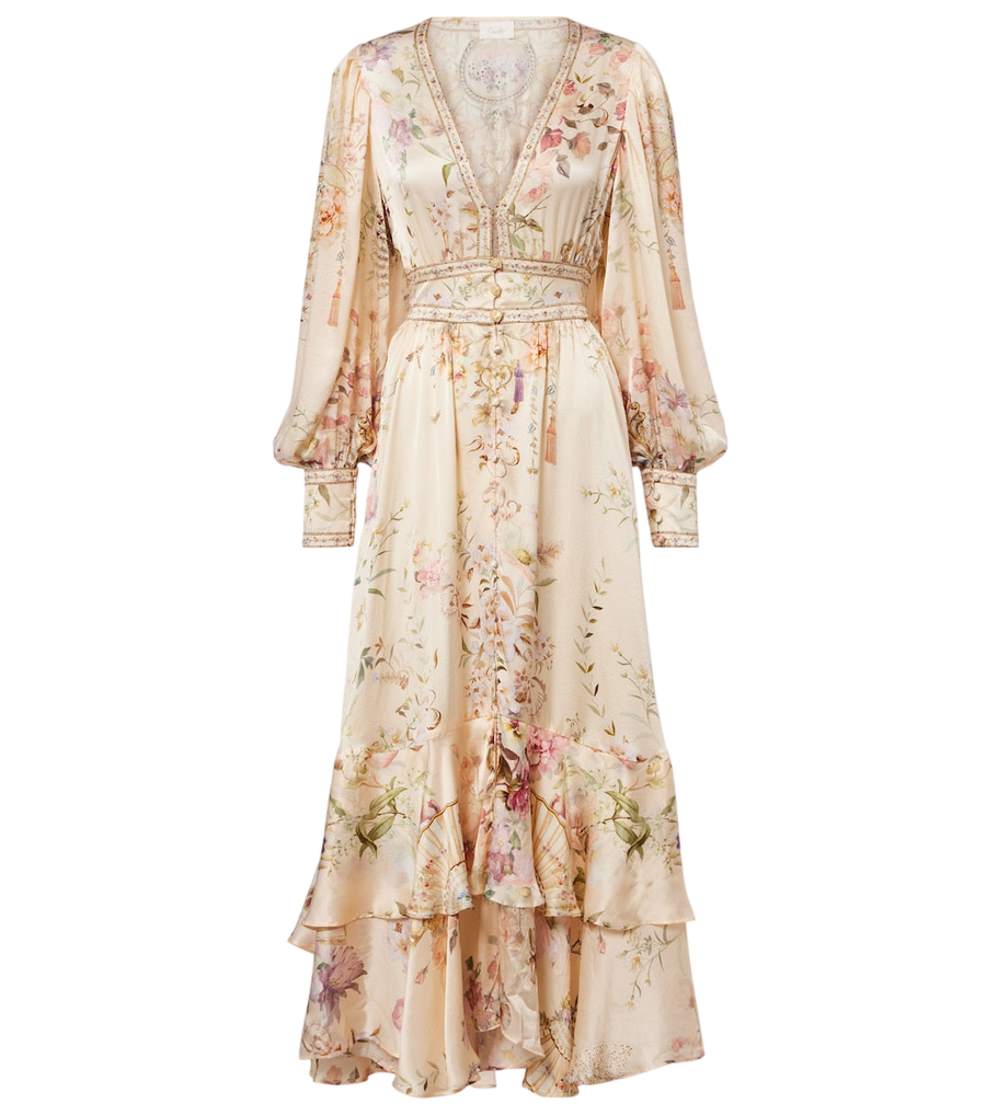 Robe longue Camilla en soie imprimée ornée