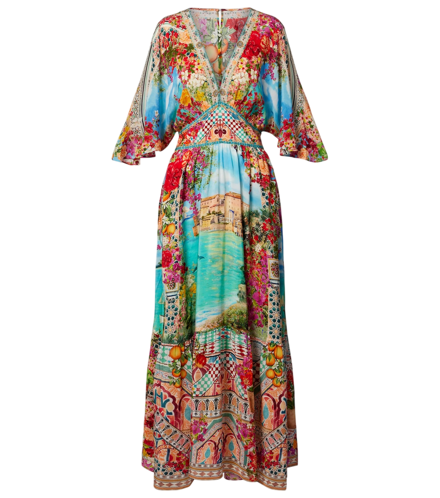 Robe longue en soie imprimée et ornée de Camilla