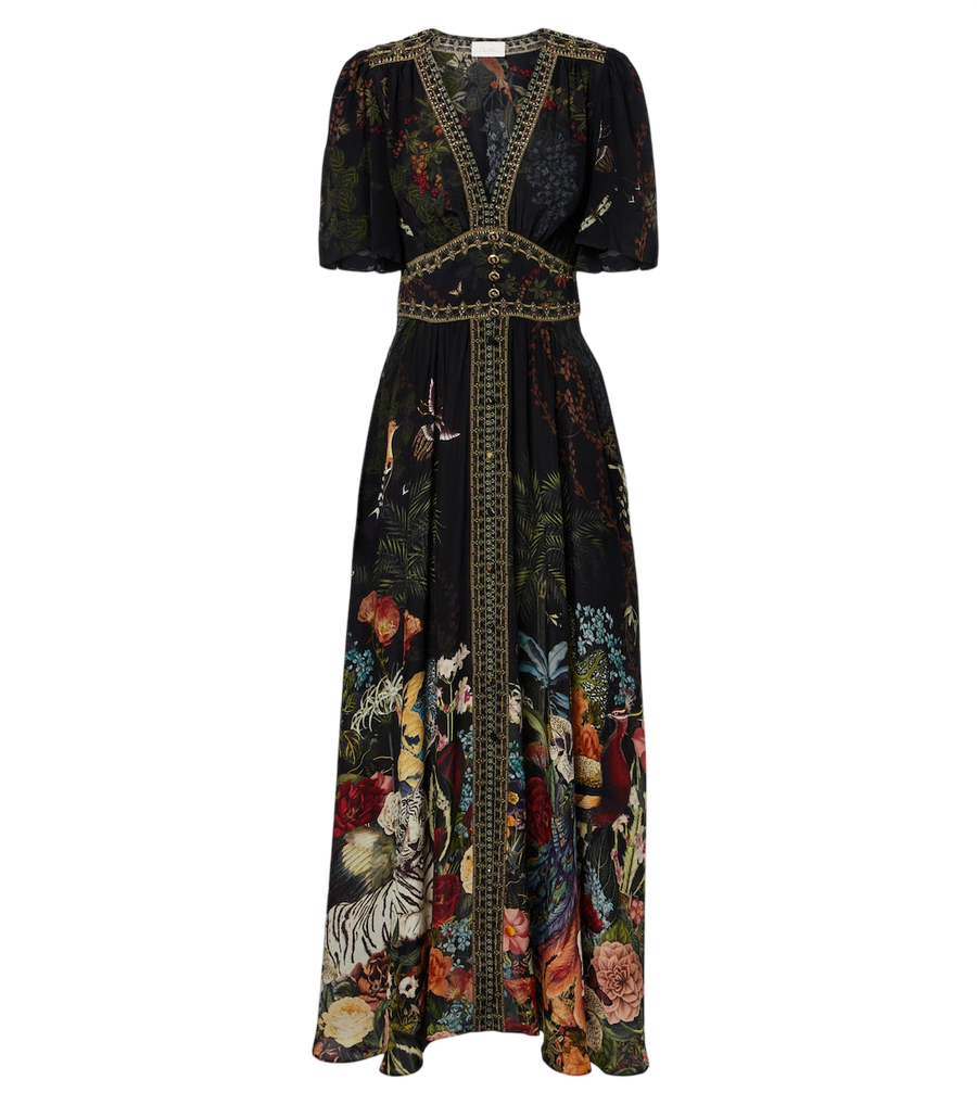 Robe longue Camilla en satin de soie imprimé et ornée