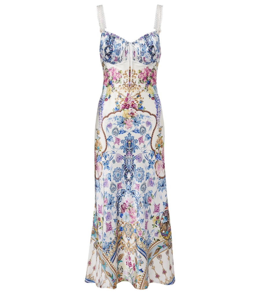 Robe midi Camilla en satin de soie imprimé orné
