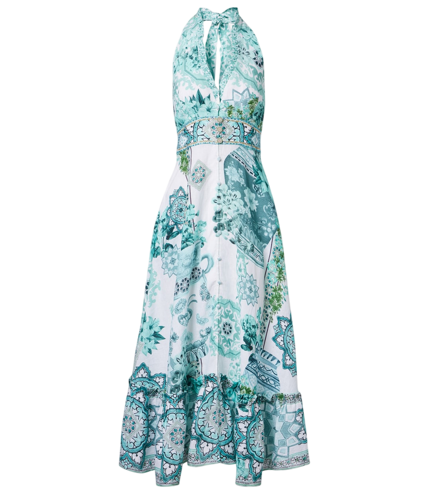 Robe midi en lin à col licou et volants ornés de détails Камilla