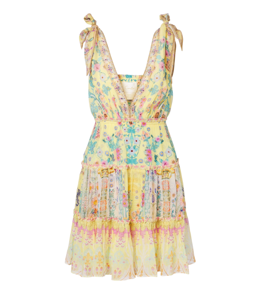 Camilla Floral embellished tiered silk minidress
