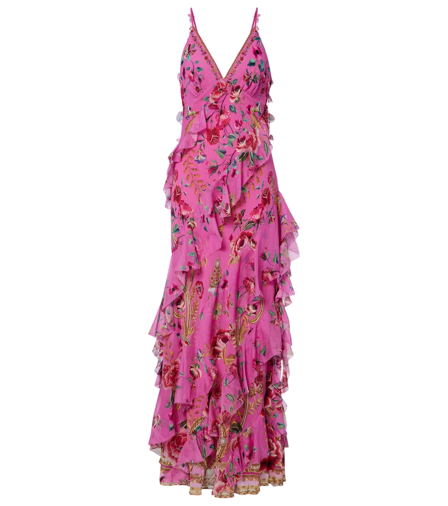 Robe longue Camilla en soie à fleurs et volants