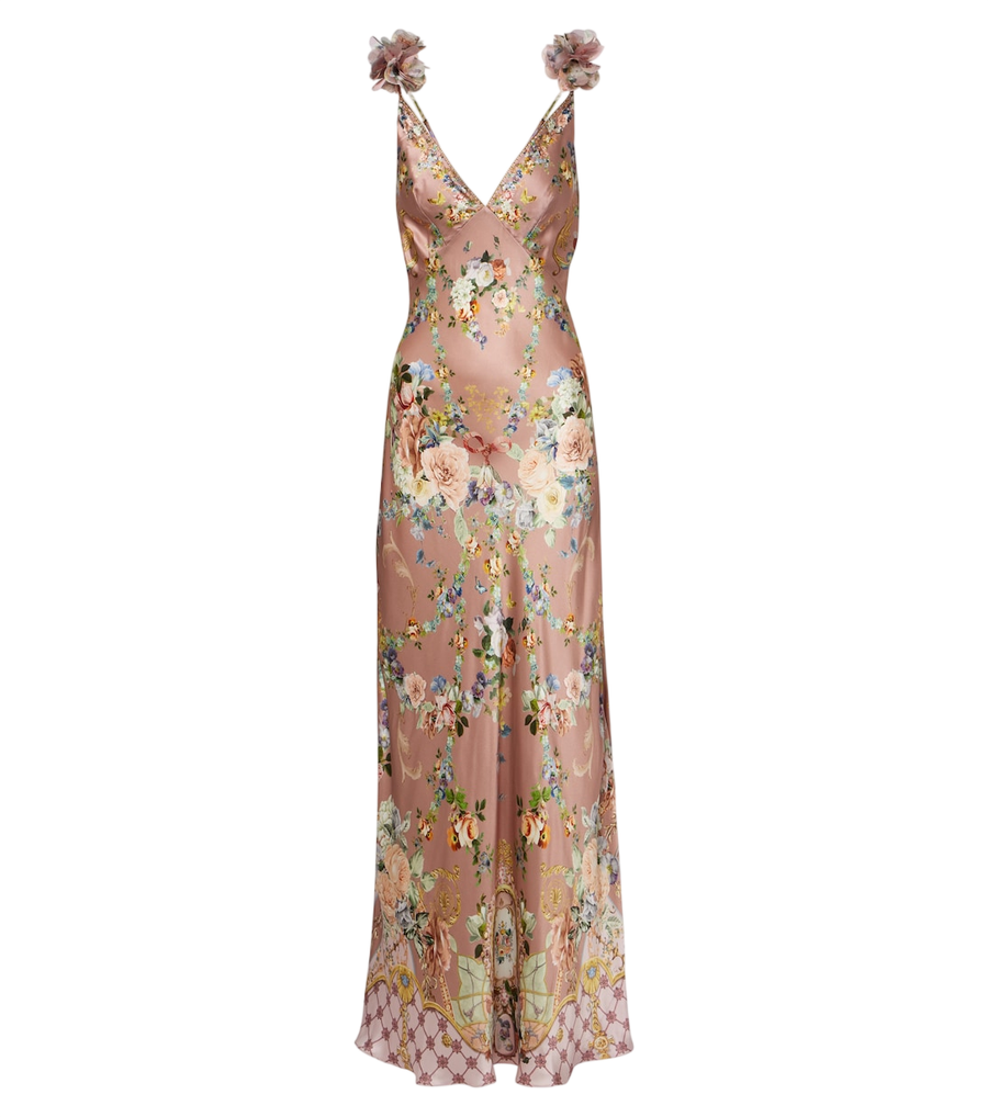 Robe nuisette Camilla en satin de soie à fleurs