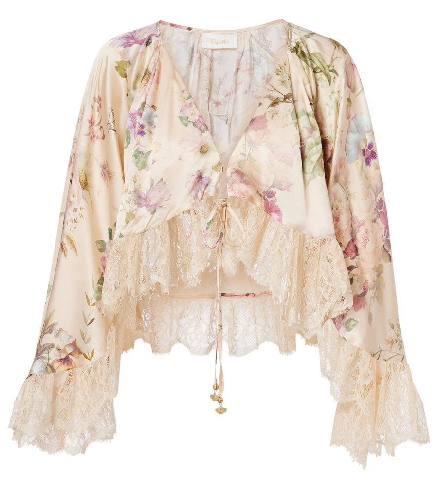 Camilla Lace-trimmed floral silk crop top