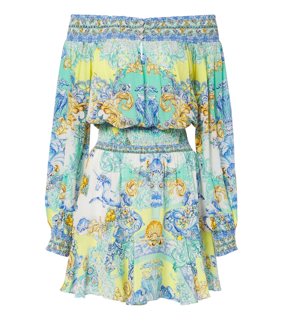 Camilla Printed embellished off-shoulder silk minidress