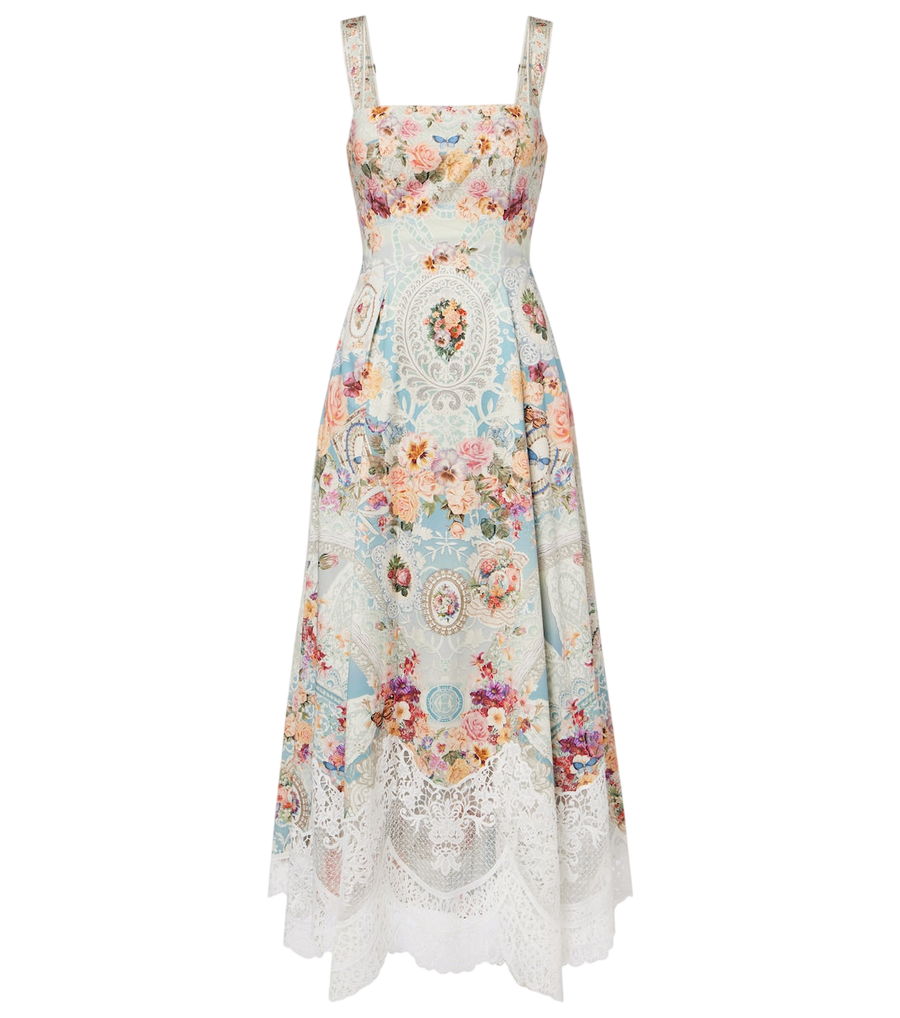 Camilla Printed lace-trimmed cotton midi dress