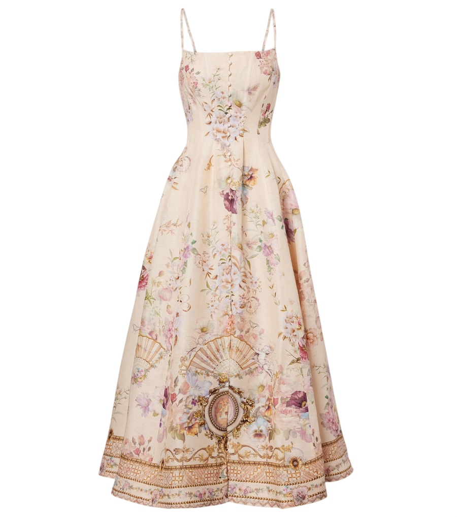 Robe midi imprimée en lin et soie Camilla