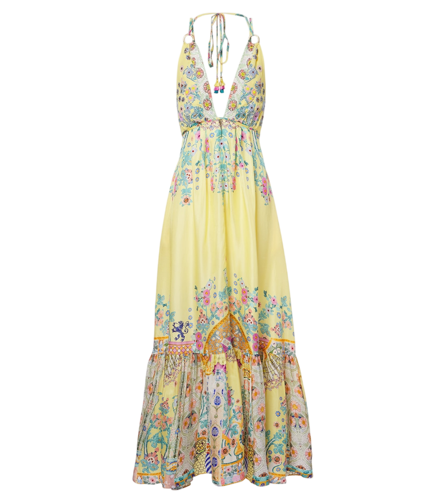 Camilla Robe longue en soie à fleurs et sequins