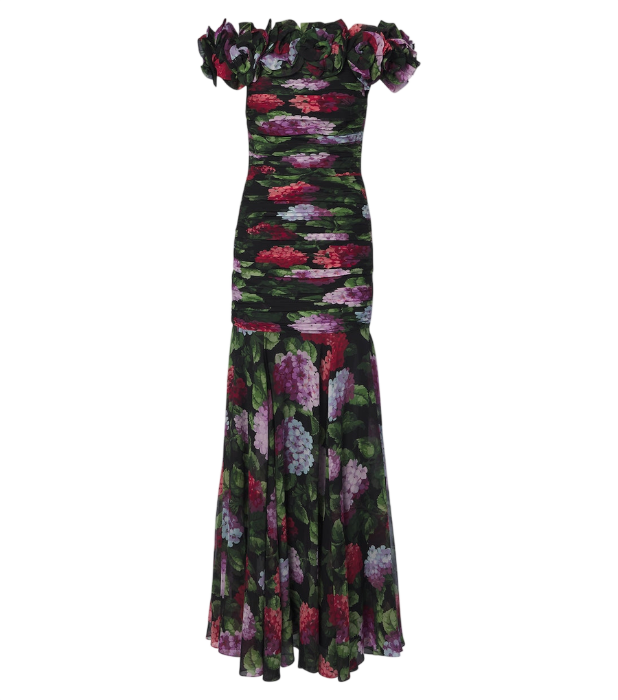 Vestido de seda drapeado con aplicaciones florales de Carolina Herrera