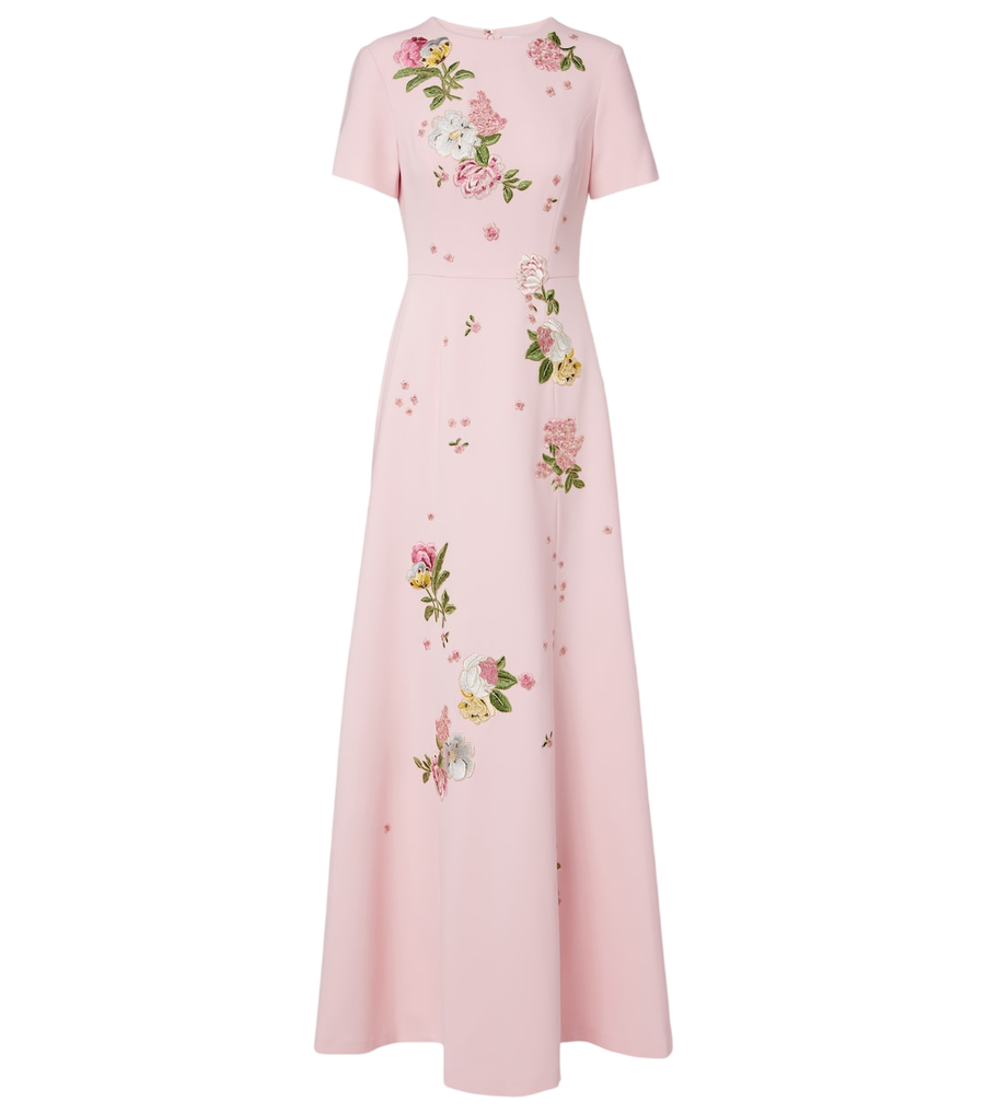 Robe longue en crêpe à broderies florales Carolina Herrera
