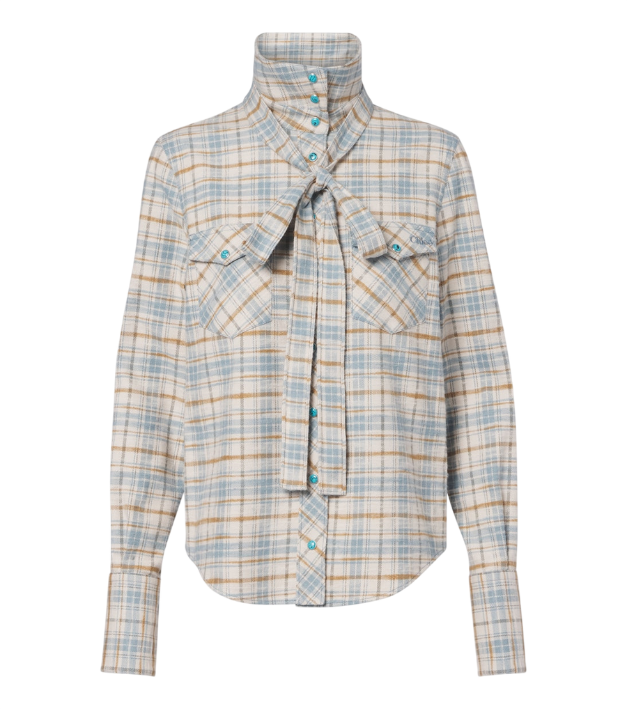 Camisa de franela de algodón con cuello anudado y estampado de cuadros de Chloé