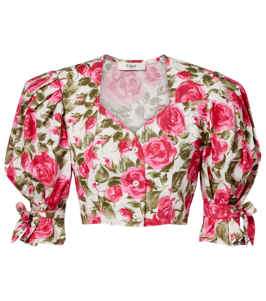 Chloé Floral cropped puff-sleeve cotton blouse