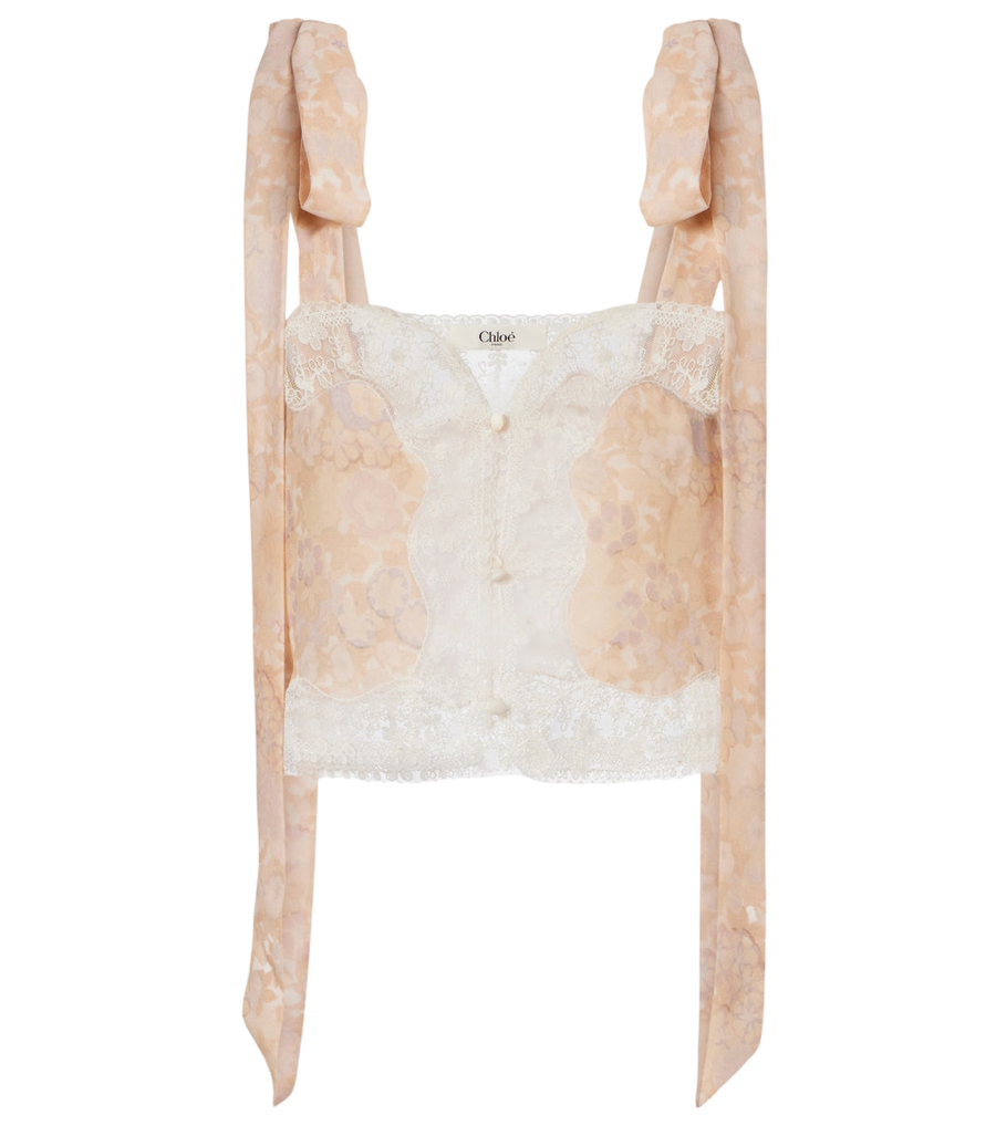 Top de seda con ribete de encaje floral de Chloé