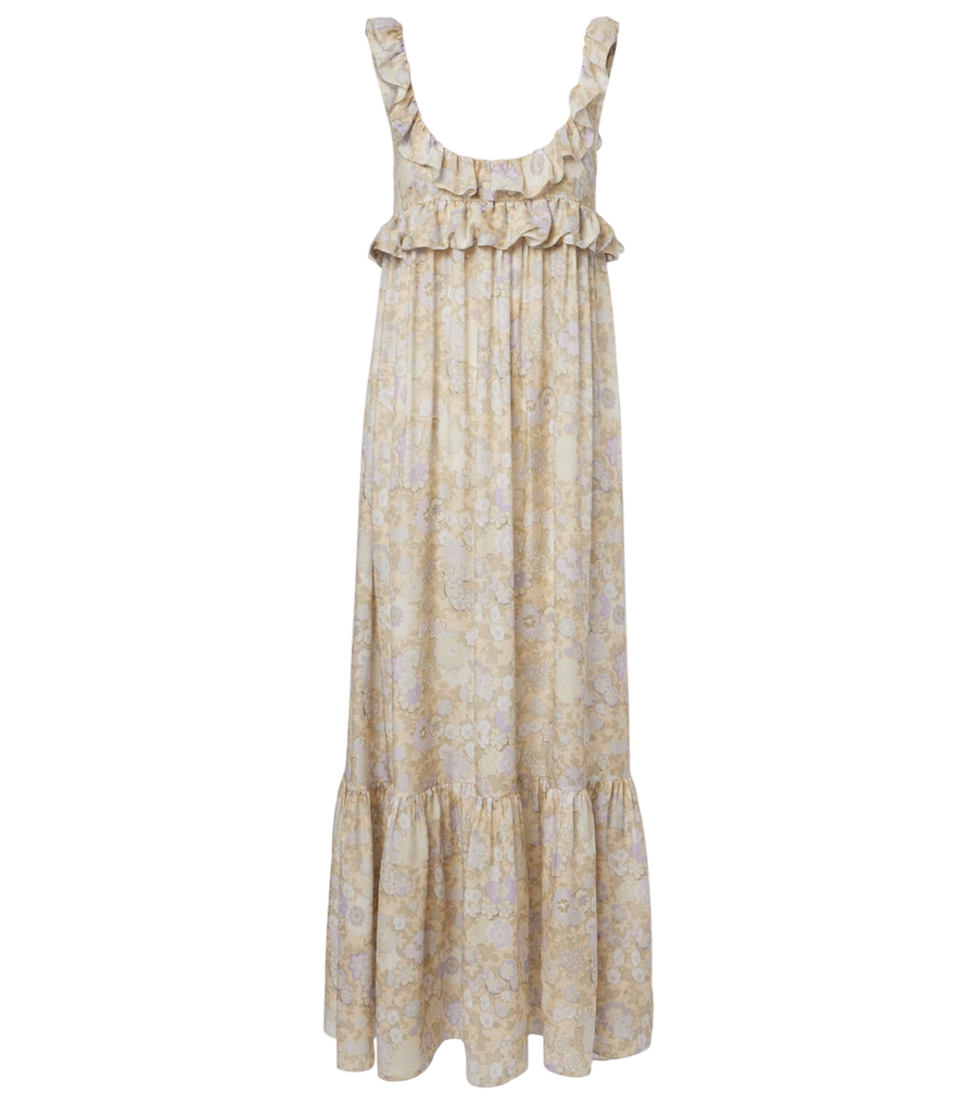 Vestido maxi Chloé de charmeuse de seda floral con volantes