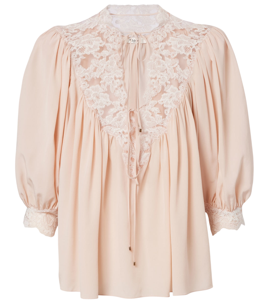 Blusa de crepé de China de seda con ribete de encaje de Chloé