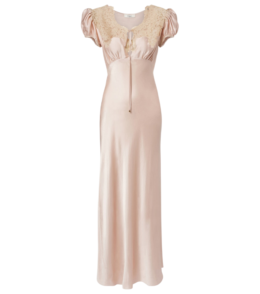 Vestido largo de satén de seda con ribete de encaje de Chloé