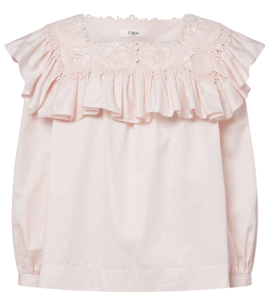 Blusa de algodón con volantes y ribetes de encaje de Chloé