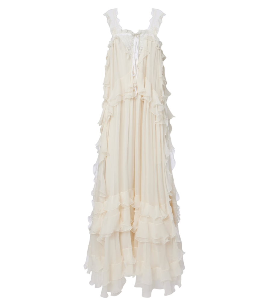 Vestido largo de muselina de seda con volantes de Chloé