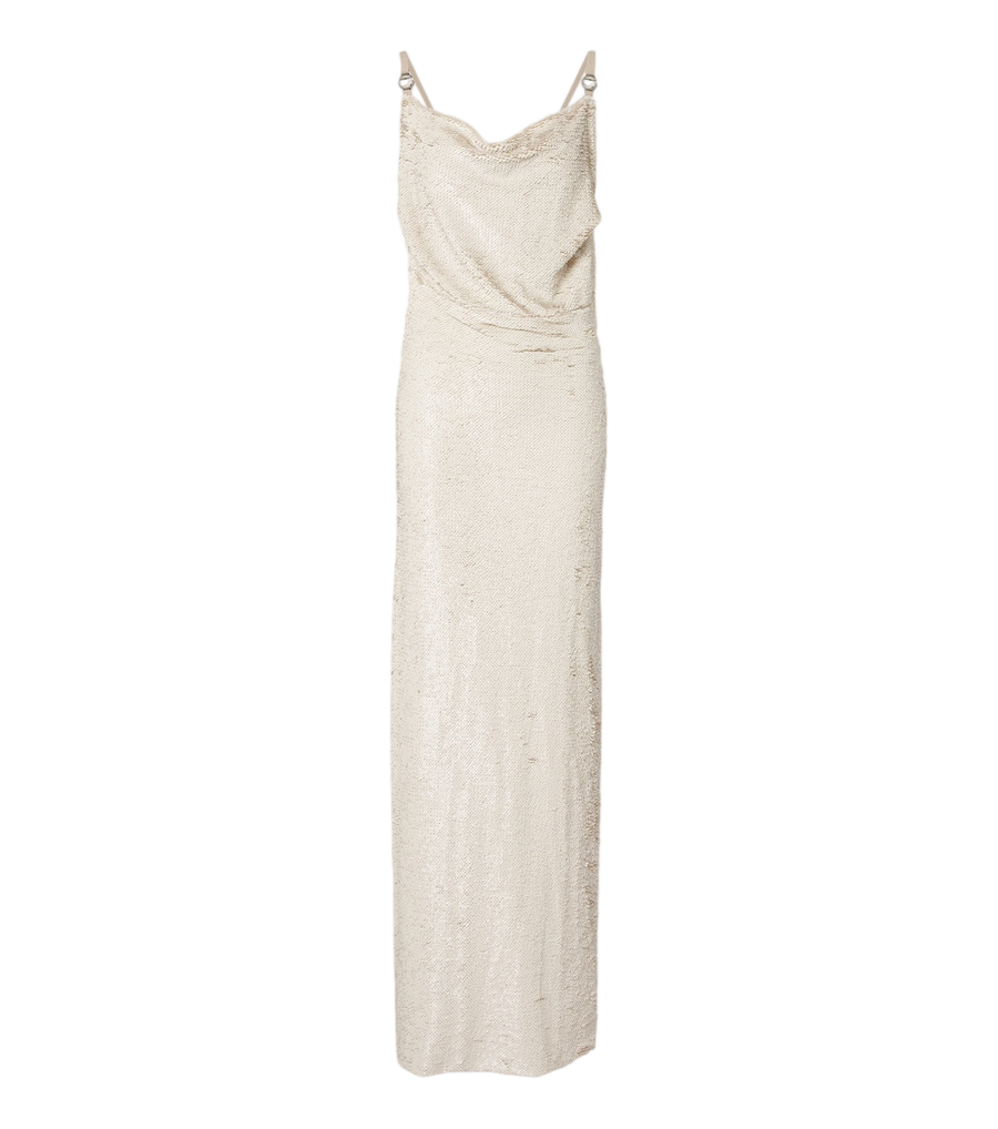 Maxi vestido de lentejuelas con espalda descubierta y drapeado de Coperni